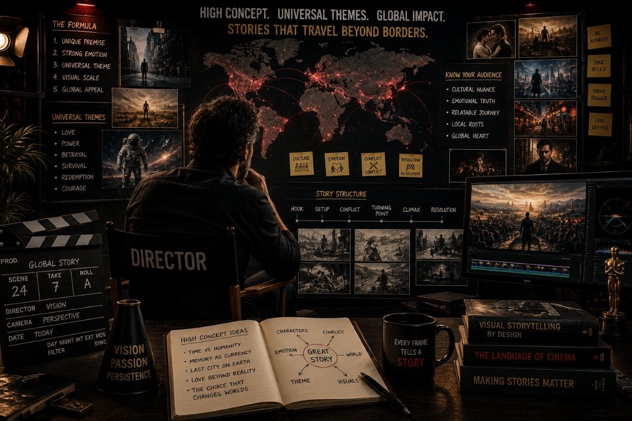 Film director discussing a scene setup with crew members on an expansive high-concept movie set
