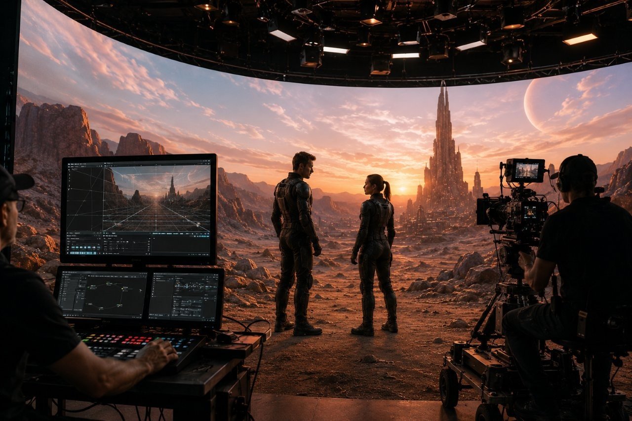 Film crew operating a cinema camera in front of a giant high-definition virtual production LED screen displaying a realistic landscape