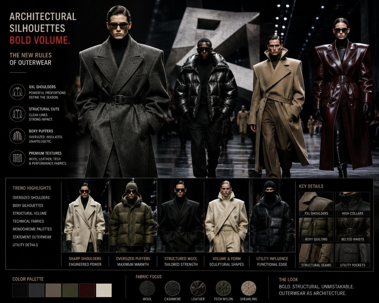Fashion model on a modern runway wearing an architectural coat with sharp XXL shoulders and structured tailoring