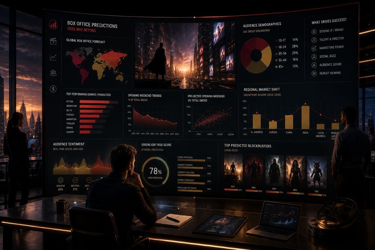 Data analyst reviewing futuristic holographic graphs and box office analytics in a modern film studio office