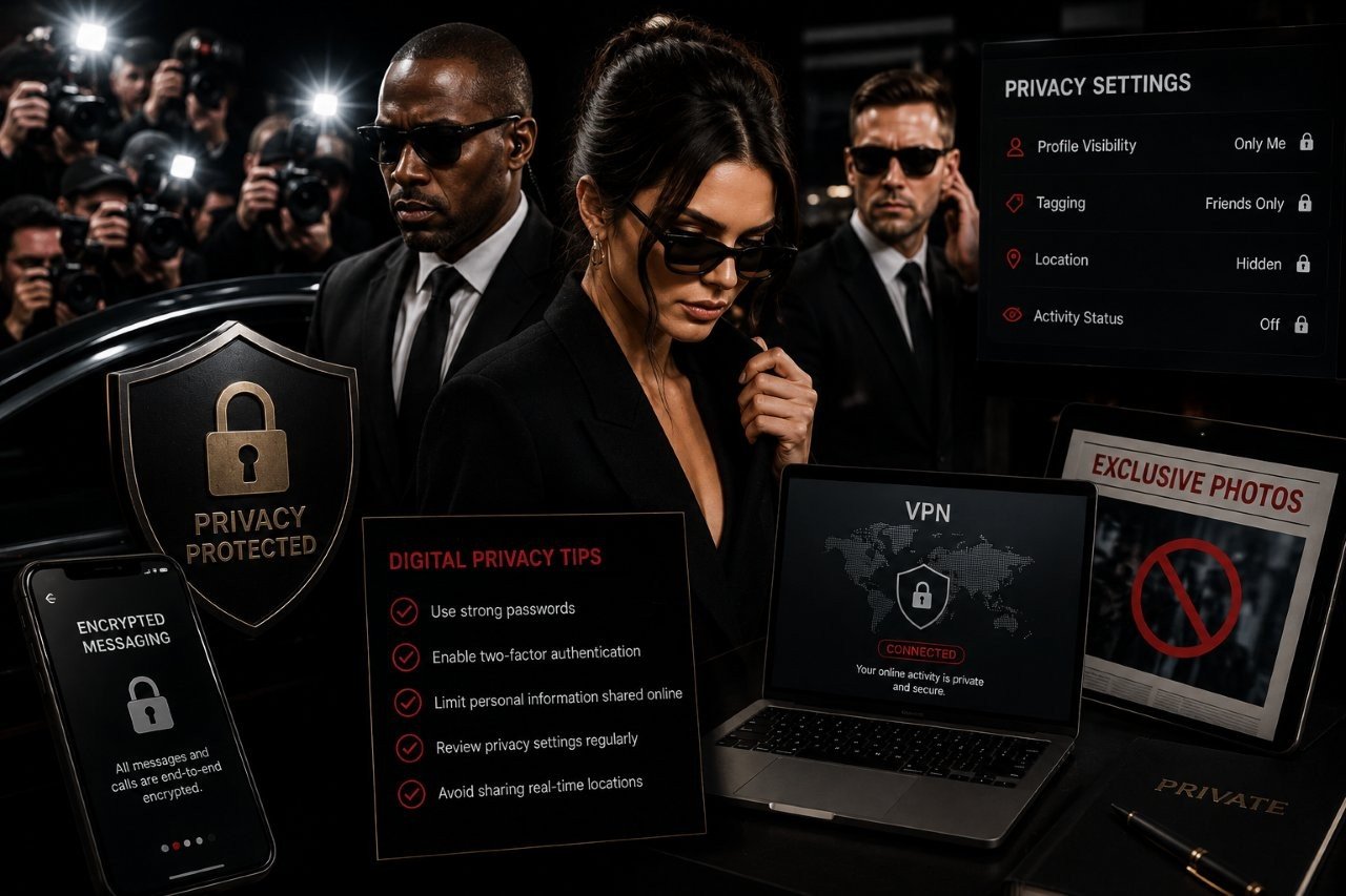 Digital privacy illustration showing biometric lock and secure communication icons