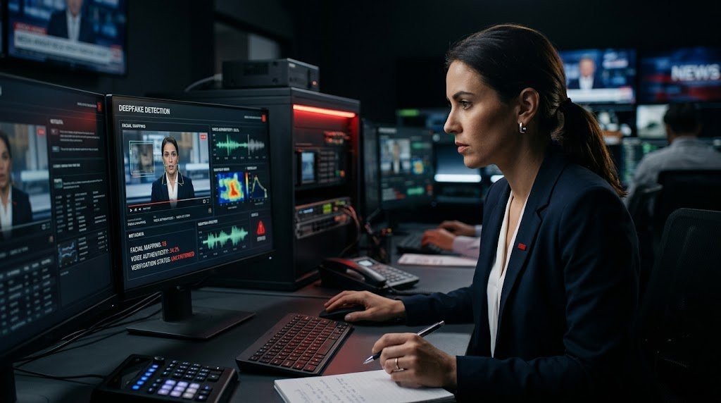 Digital forensic security scanner analyzing video frames for deepfake synthetic manipulation on a monitor