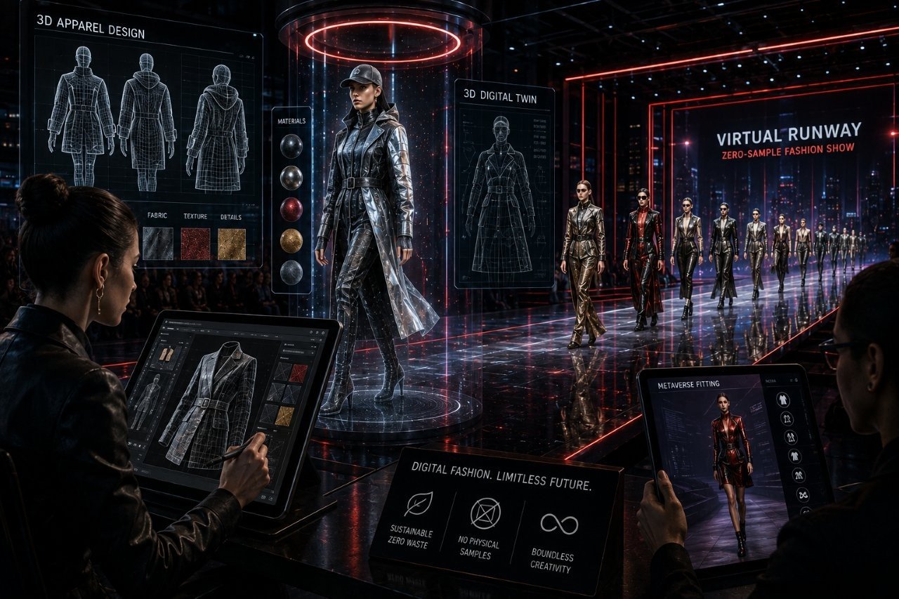 Digital fashion designer tweaking a photorealistic 3D dress rendering on a high-tech workstation screen