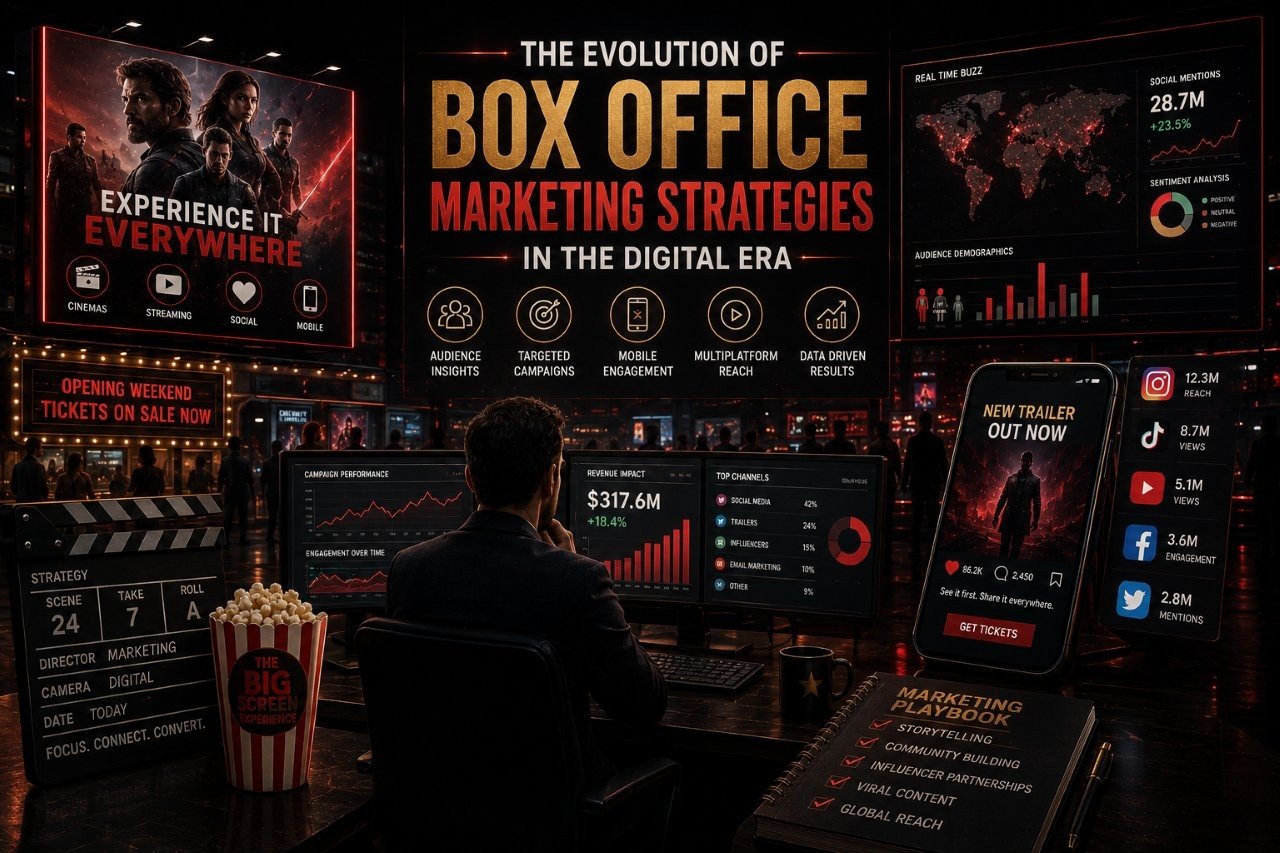Digital marketing executive reviewing real-time movie campaign analytics on glowing futuristic screens