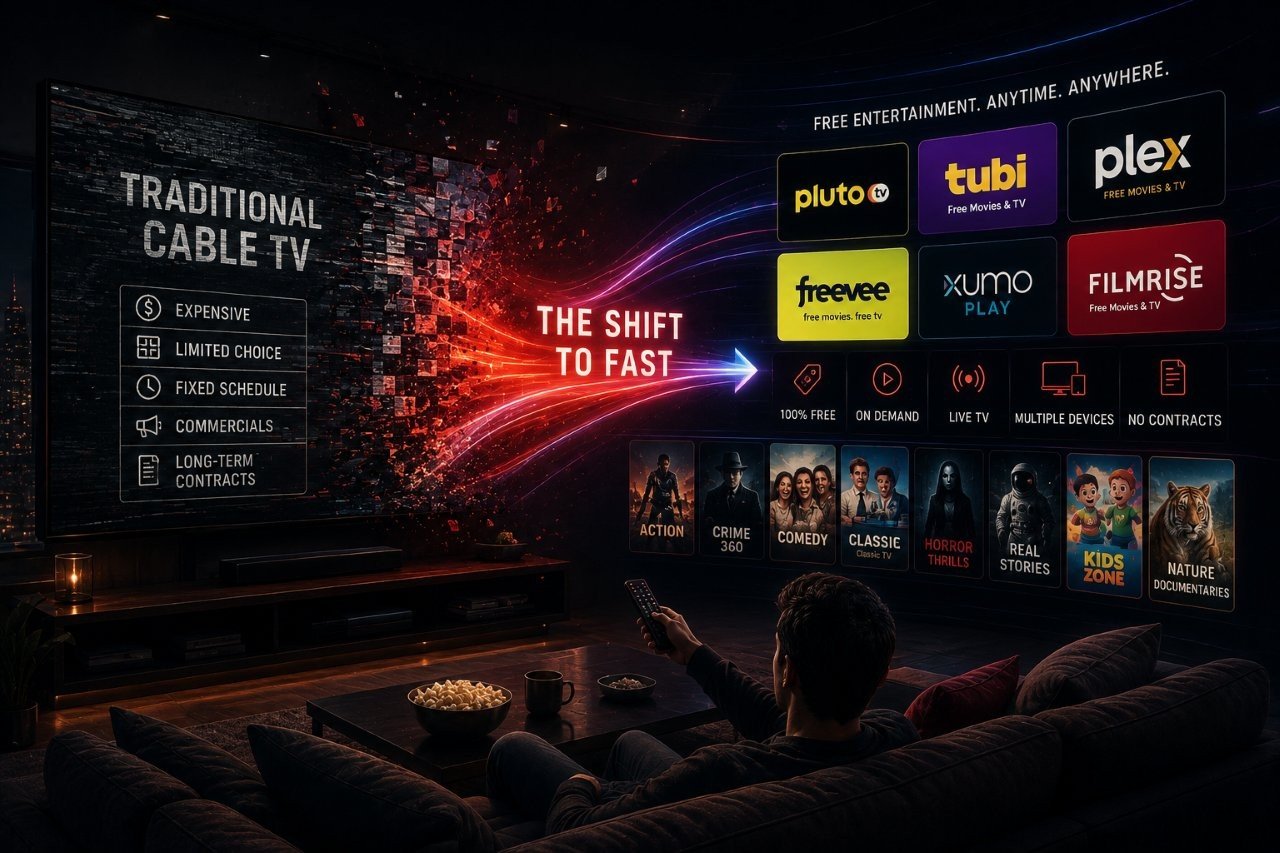 Modern smart TV interface displaying free live linear streaming channels and on-demand video options