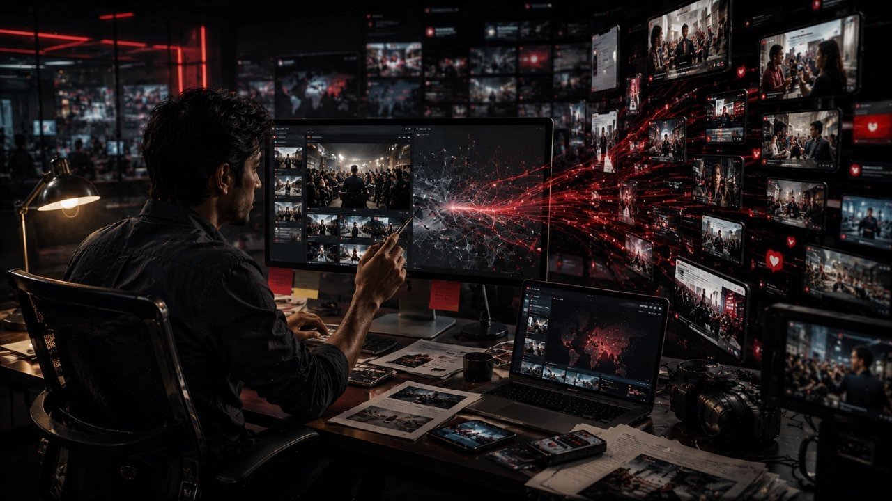 Digital newsroom screen displaying AI text analysis software alongside human news editors working on laptops
