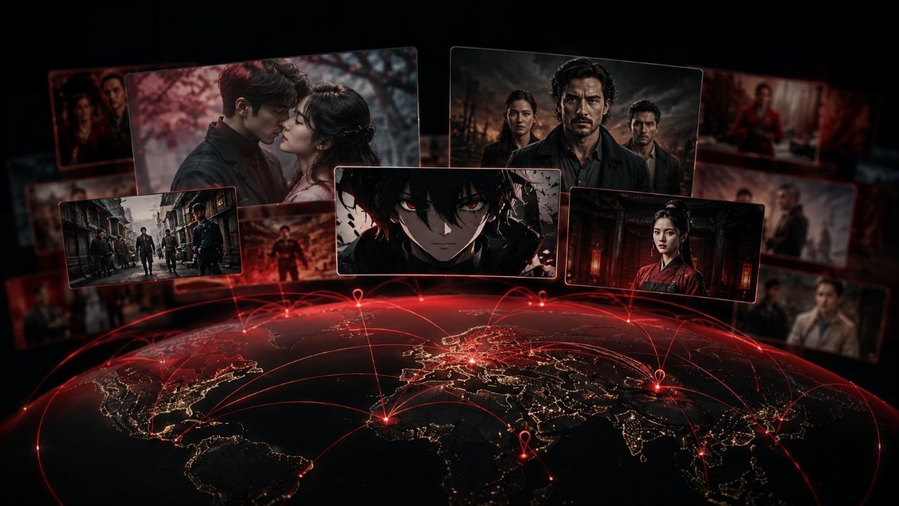 World map display showing streaming video icons connecting international content hubs together