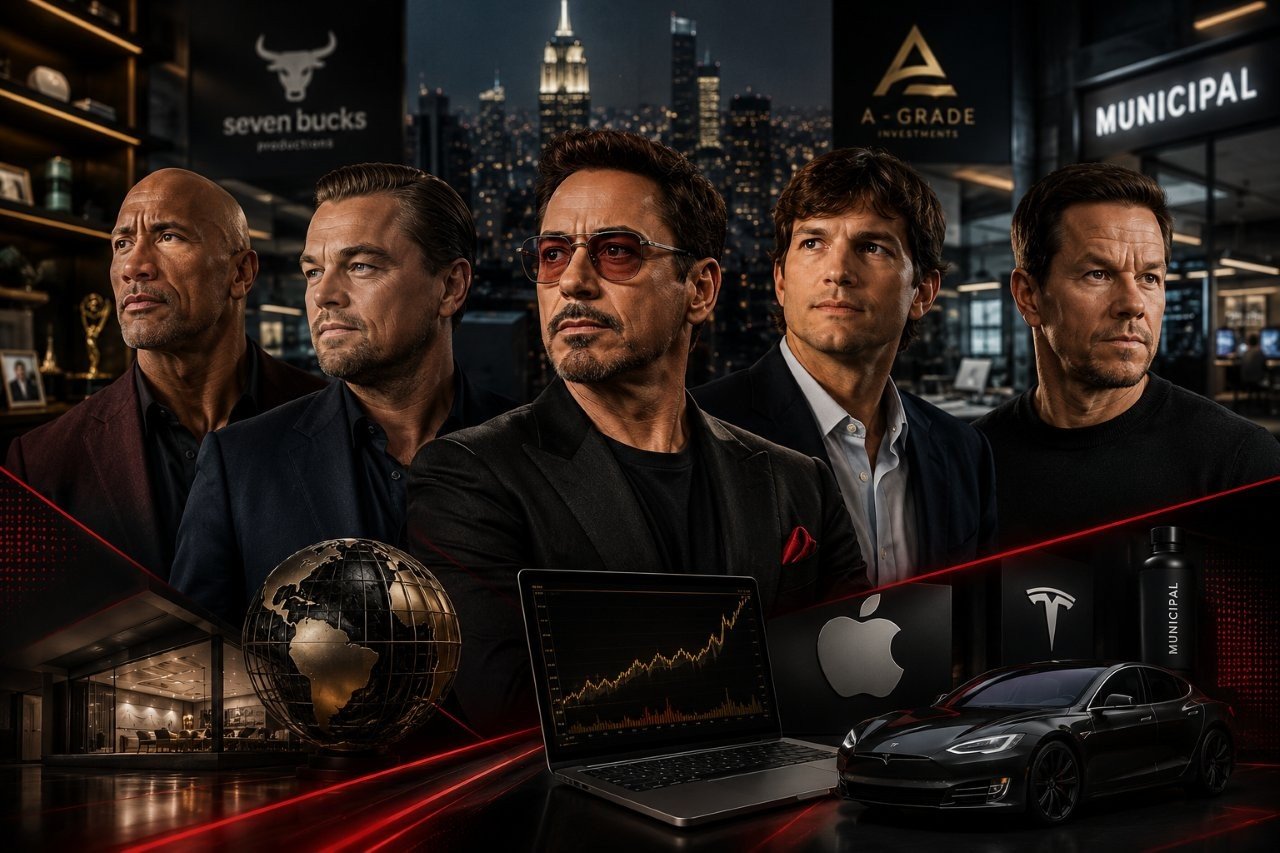 Hollywood stars and celebrity entrepreneurs analyzing financial growth charts
