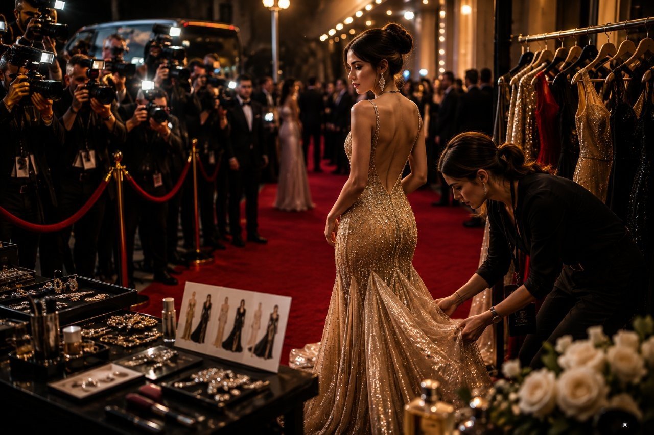 Professional fashion stylist making adjustments to a high couture dress on a celebrity before a red carpet premiere
