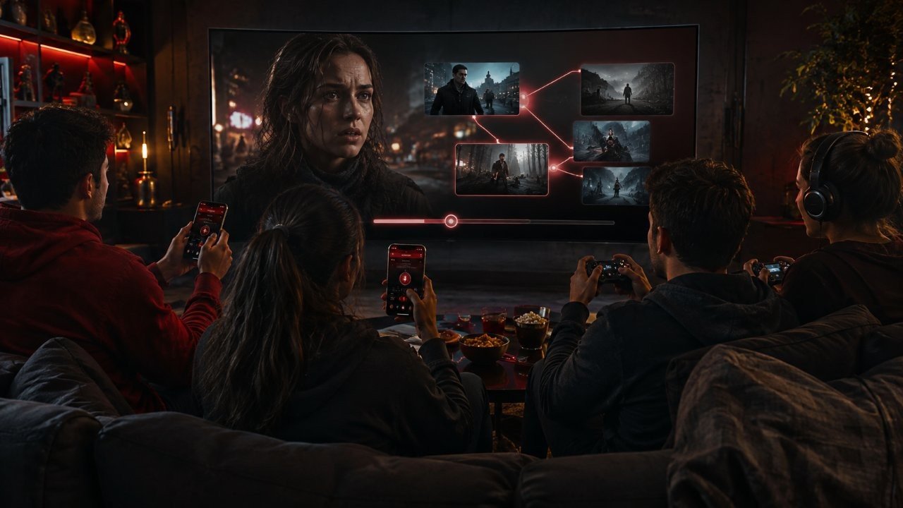 Smart TV screen displaying interactive choice buttons during a streaming video story playback