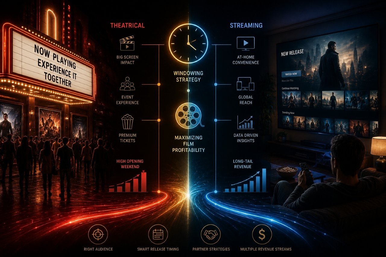 Film studio distribution schedule board showing release windows for theatrical, streaming, and digital platforms