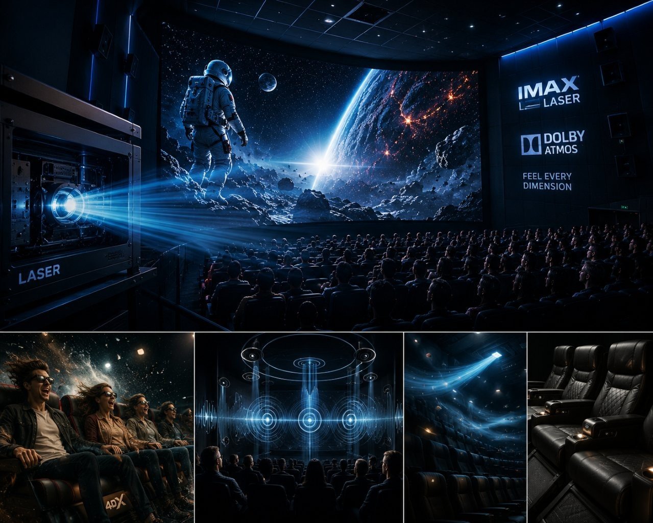 Futuristic movie theater auditorium showcasing a massive curved IMAX laser screen and spatial audio ceiling speakers