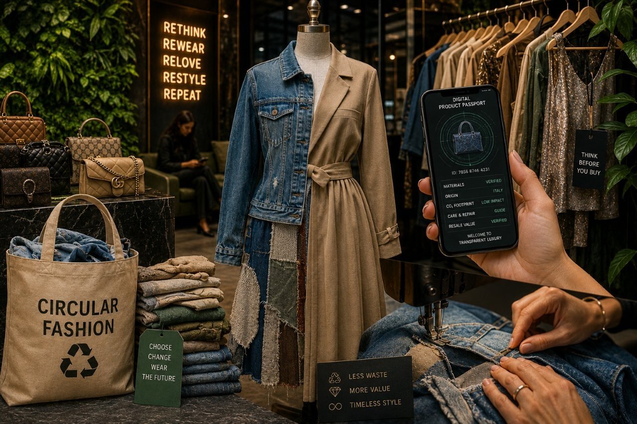 Sustainable luxury fashion atelier showing upcycled fabrics and a digital product passport QR code scan