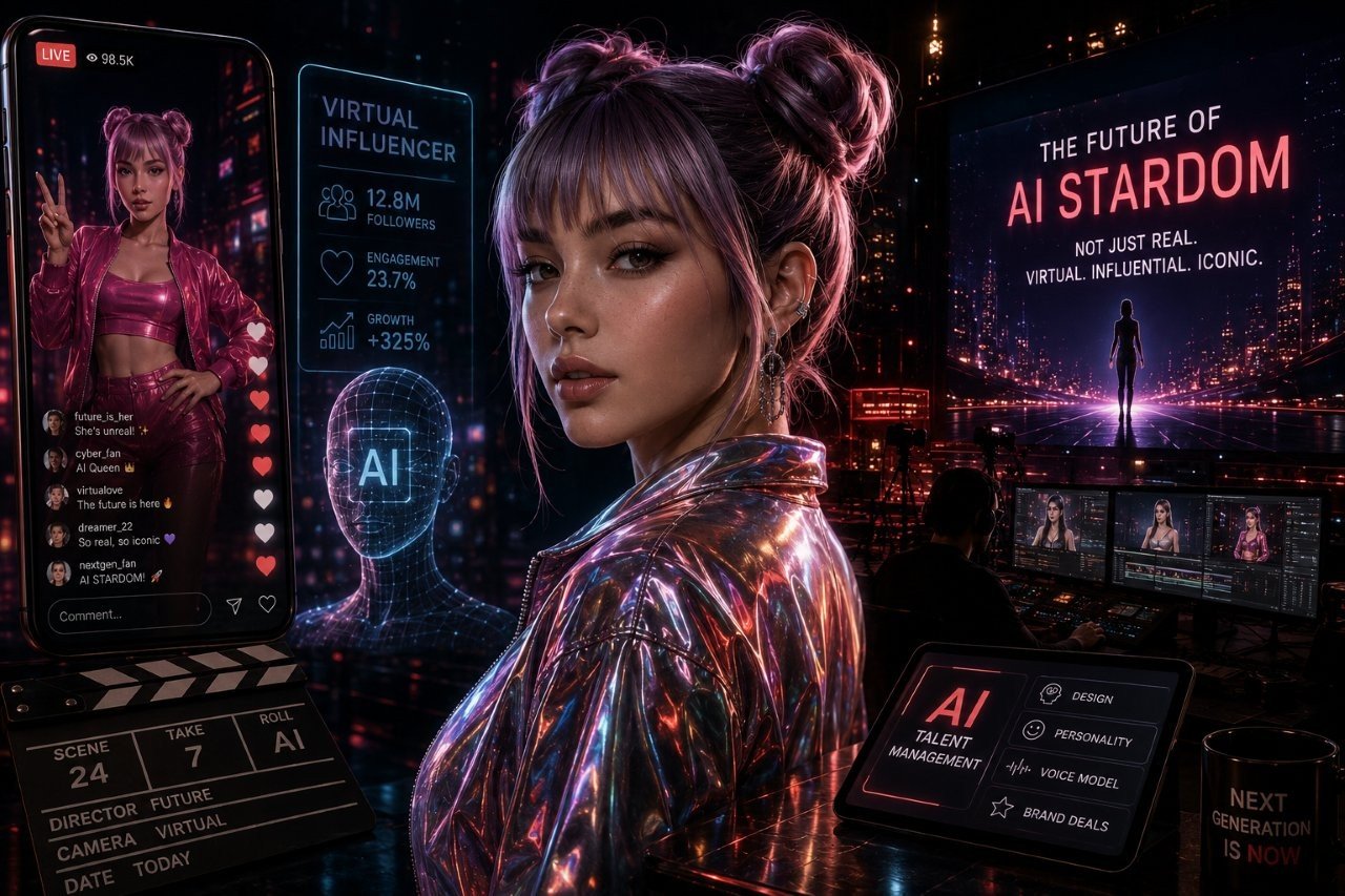 Futuristic virtual celebrity digital avatar surrounded by high-tech holographic displays