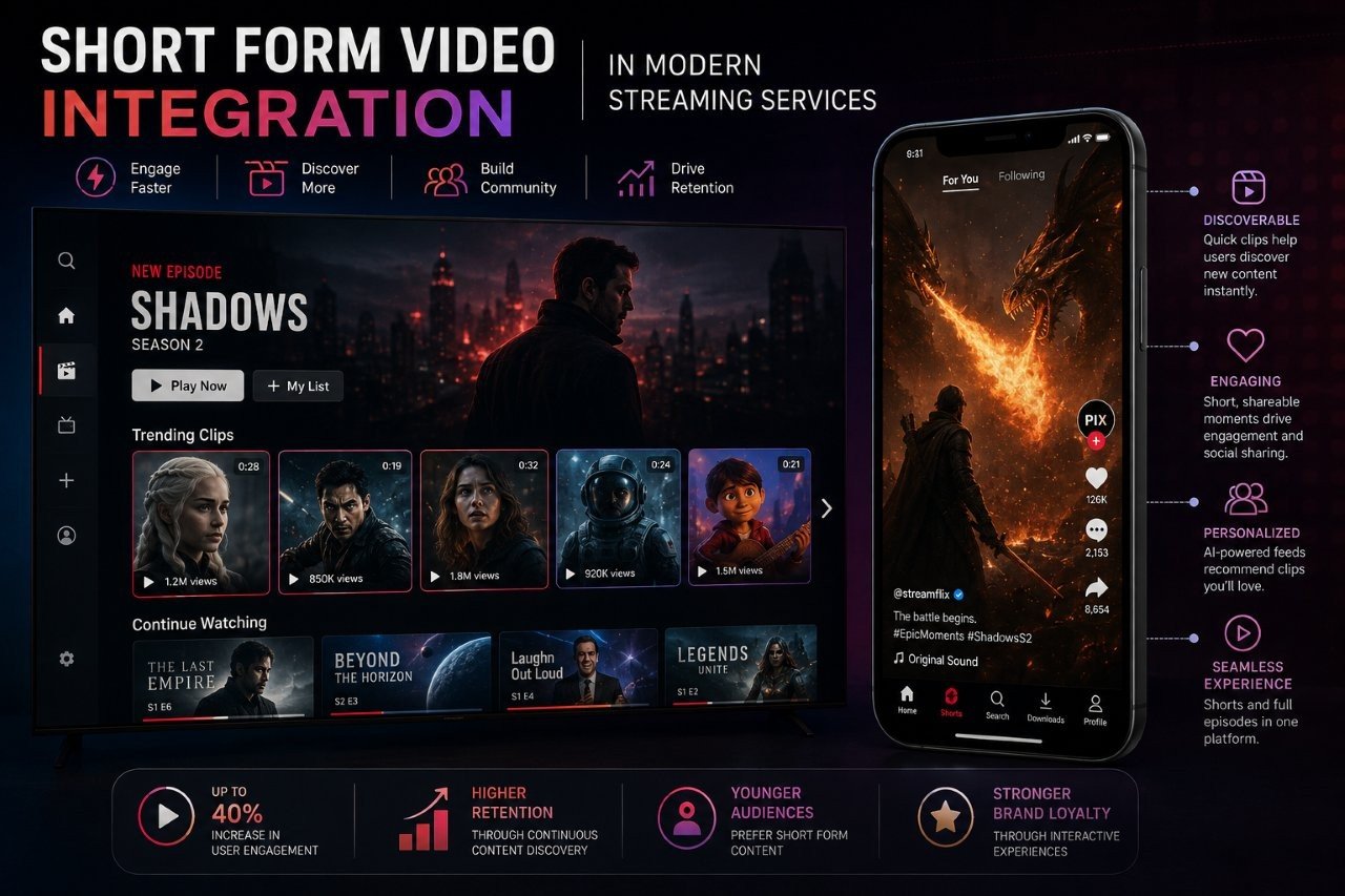 Smartphone held in hand displaying vertical short form video feed with streaming video controls