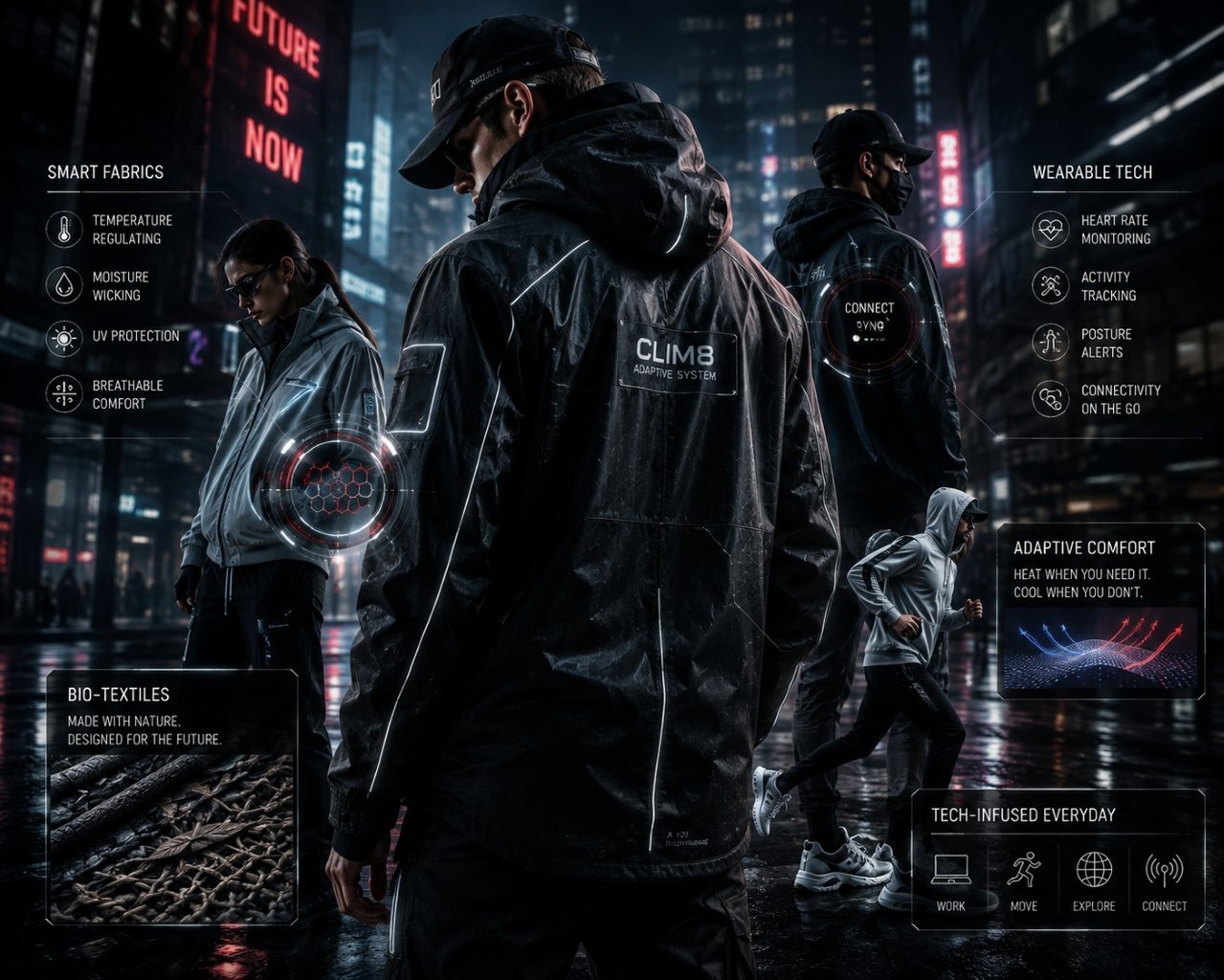 Streetwear model wearing a futuristic tech-infused hoodie with glowing accent details and smart textile weave