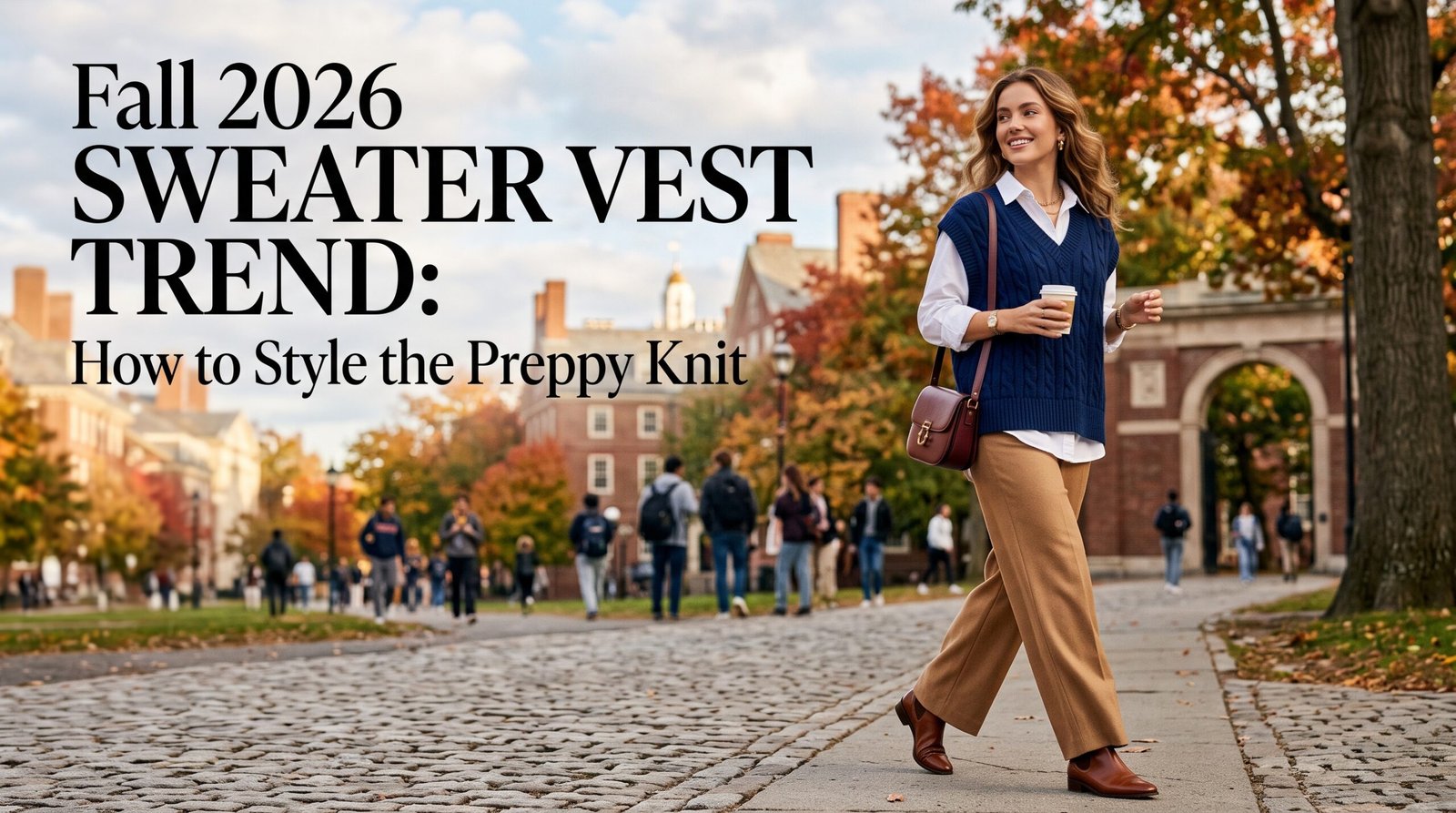 Woman wearing a stylish sweater vest layered over a shirt as part of a Fall 2026 fashion outfit