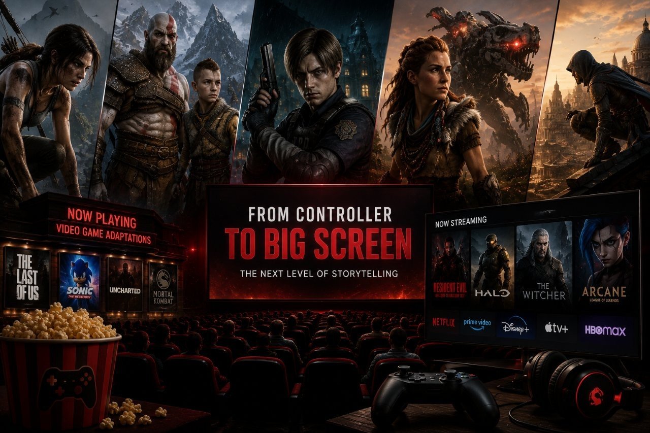 Modern movie theater auditorium filled with audiences watching an epic video game adaptation on a massive cinema screen