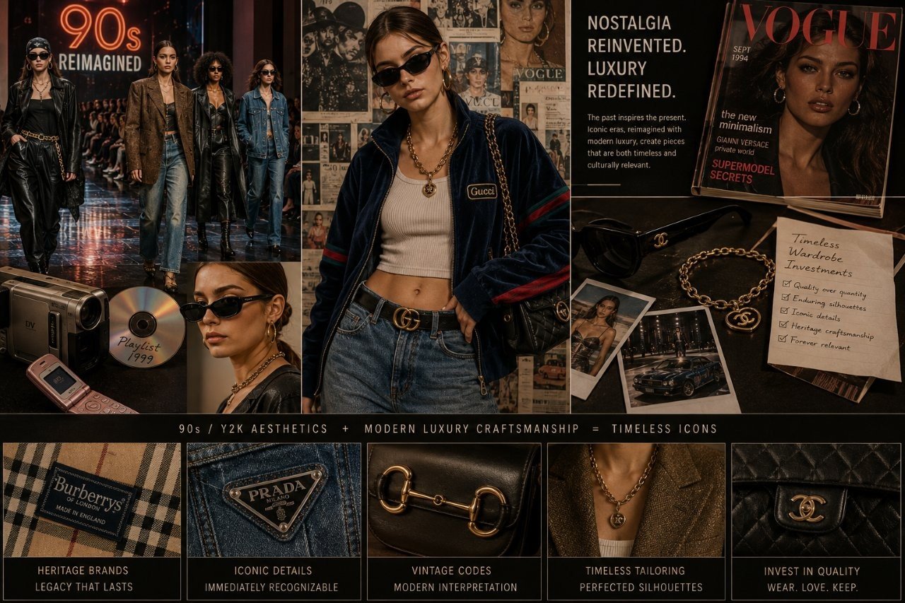 Fashion model wearing a modern 90s-inspired luxury slip dress and structured oversized vintage leather coat