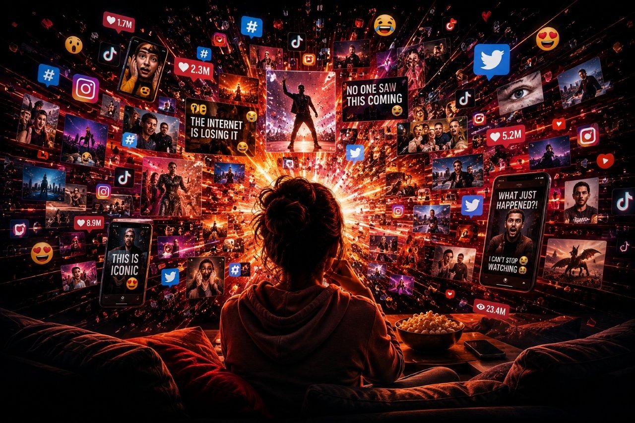 Glowing smartphone screen displaying viral social media engagement metrics and pop culture memes