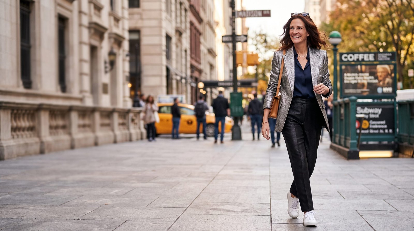 Julia Roberts wearing silver Birkenstock Gizeh sandals with a black outfit in New York City